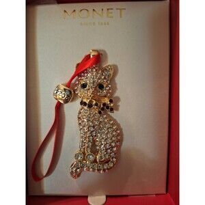 Monet Kitty Cat 2024 Ornament  ‎ Rhinestone Gold Tone Christmas